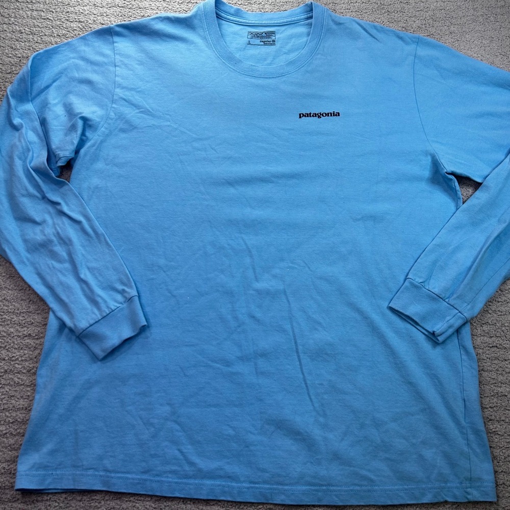 Patagonia Long Sleeve Fitz Roy Trout Tee Blue Large Outdoor Fishing Hiking Retro
